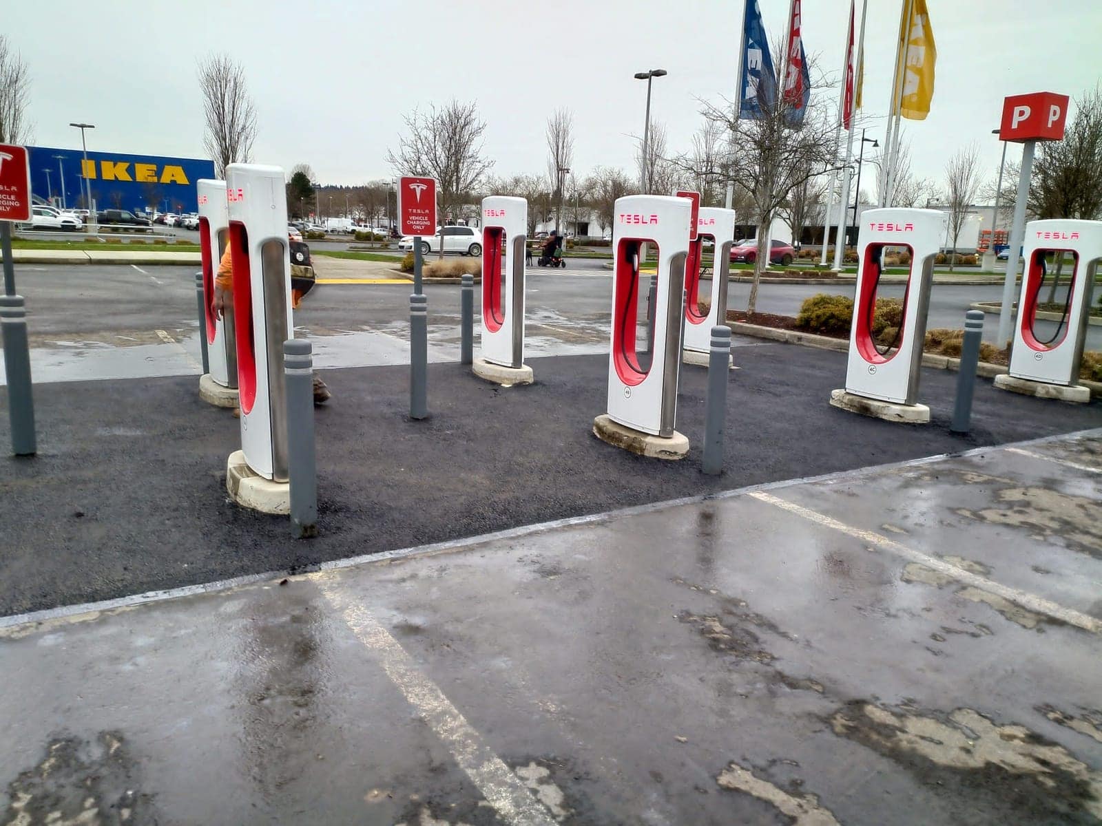 Fresh asphalt around rows of electric-vehicle charging stalls at a retail site